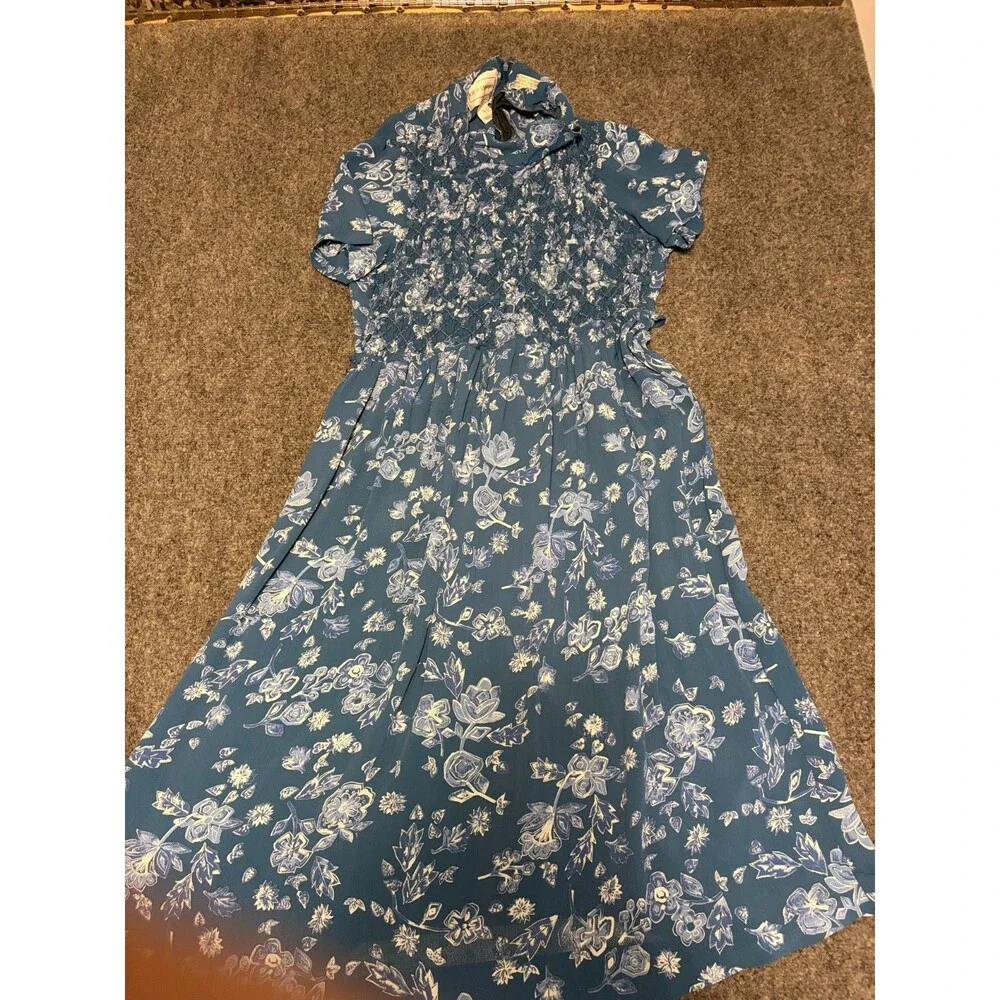 Karin Stevens Womens 14 Teal Blue Floral Smocked Maxi Dress Rayon Short Sleeve